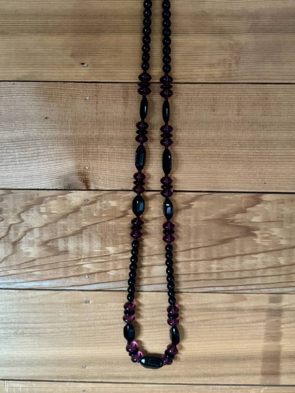 Vintage Black & Plum Beaded Necklace Statement Layering Strand 36” Retro Boho